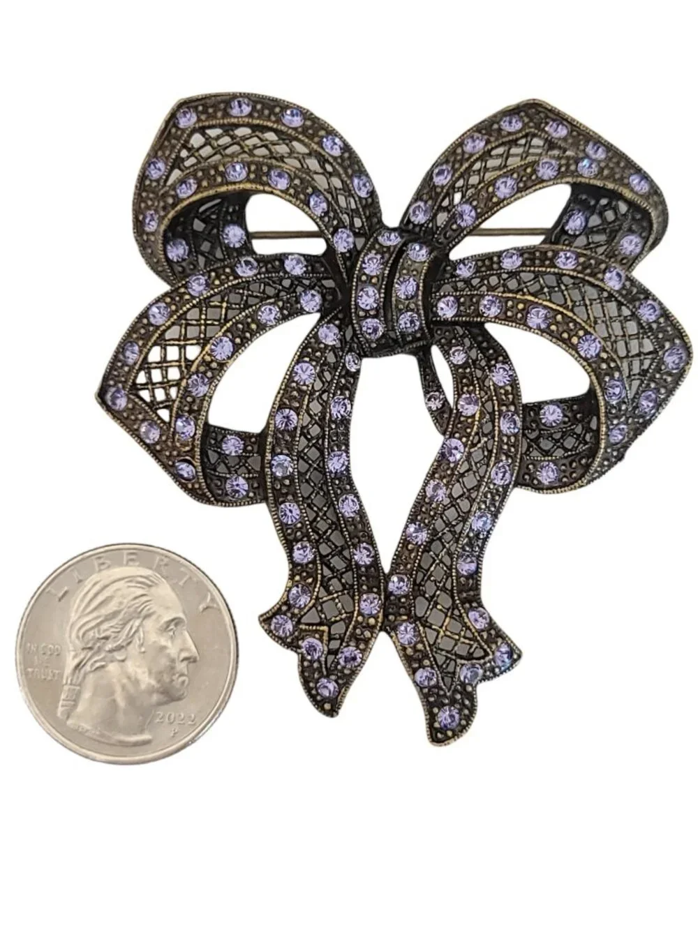 Sweet Romance Bronze Tone Purple Rhinestone Bow Brooch, Signed K354